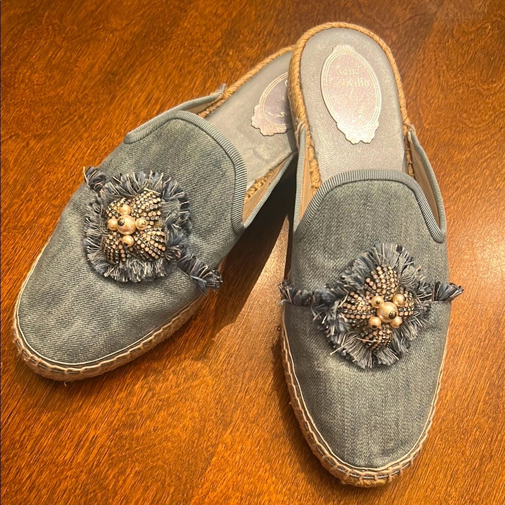Rene Caovilla Chambray Blue Denim Jeweled Espadrille Slip On Mules EU Size 39